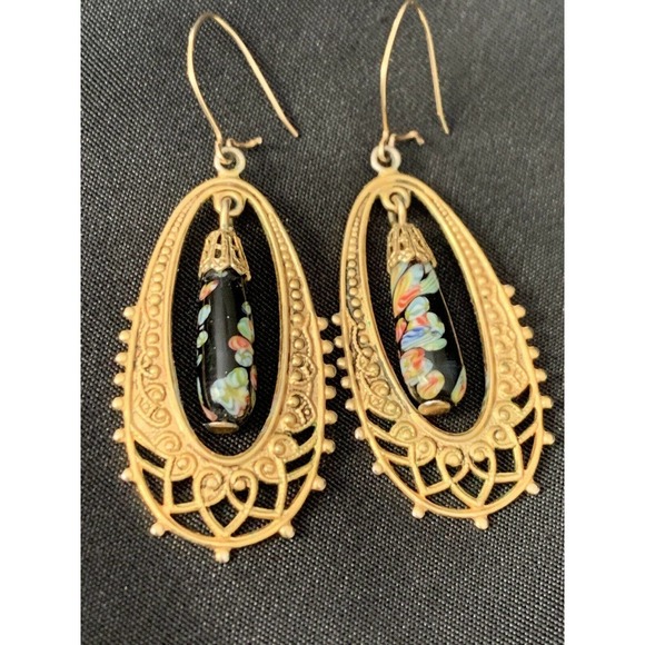 Vintage Millefiori Glass Drop Dangle Earrings - Picture 5 of 6